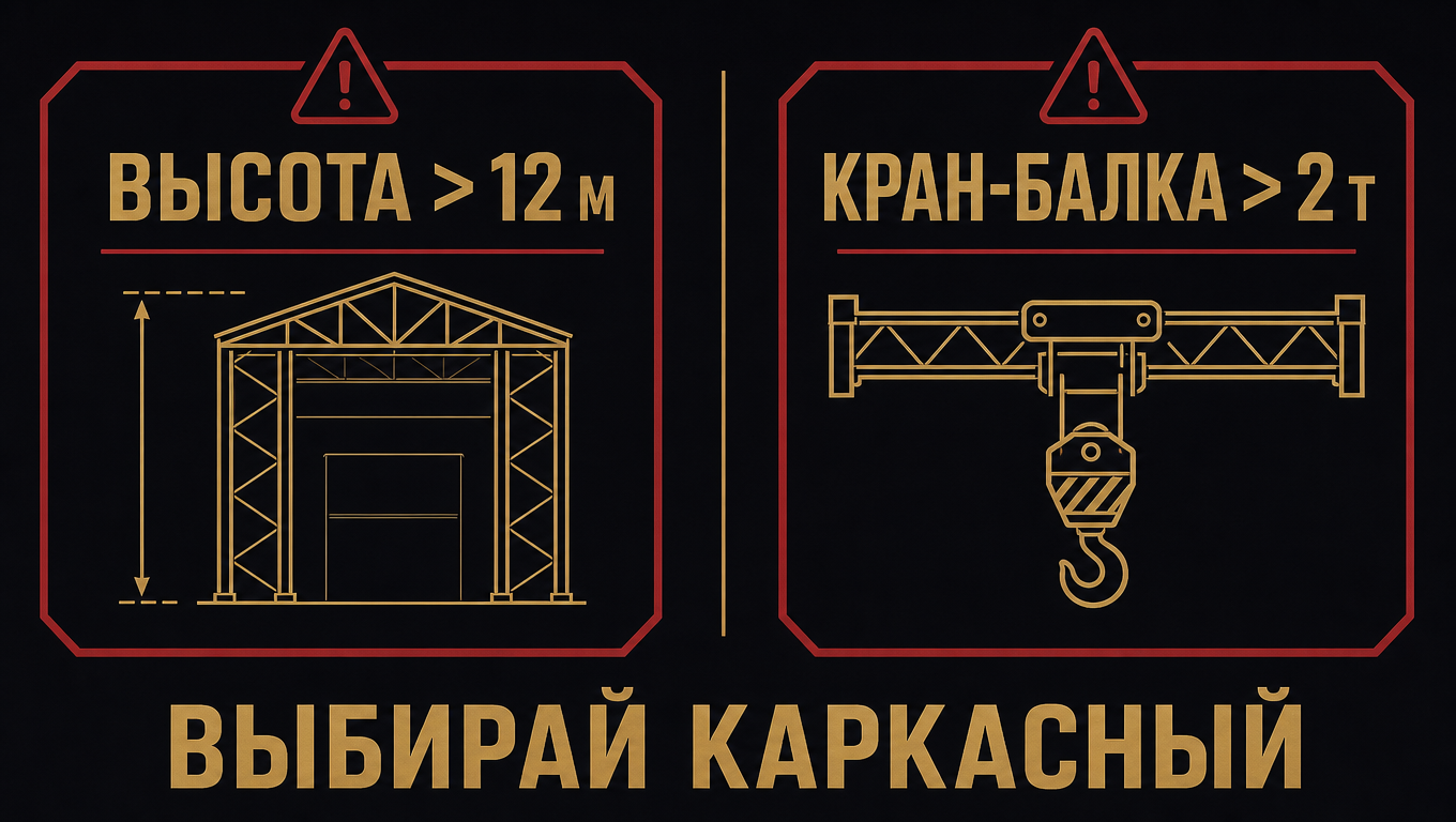 Точка отказа: высота более 12 м и кран-балка более 2 т - выбирай каркасный ангар