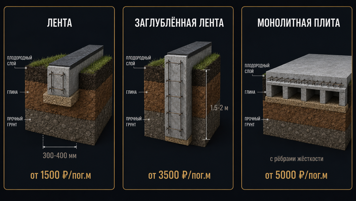 Три типа фундамента: лента, заглублённая лента, монолитная плита — сравнение стоимости