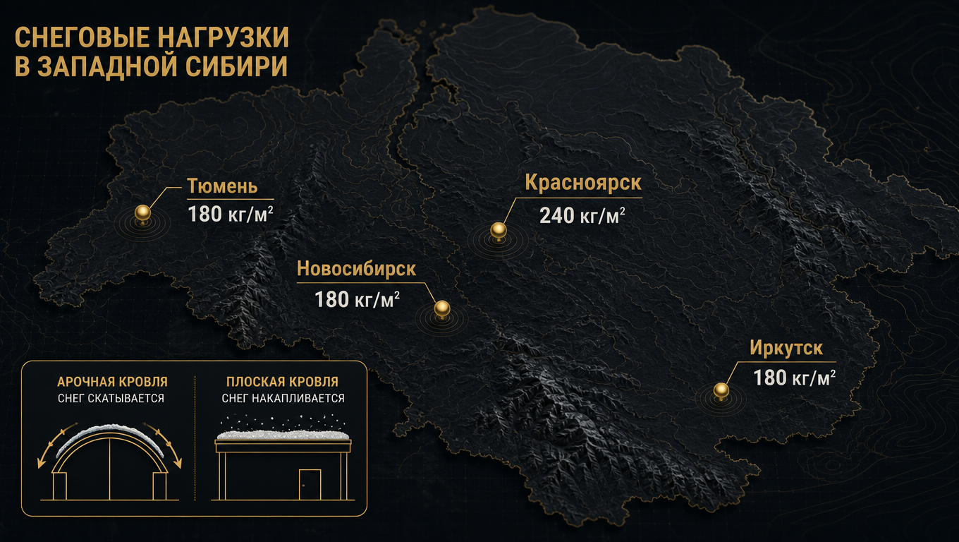 Карта снеговых районов Сибири: Новосибирск 180, Красноярск 240, Тюмень 180, Иркутск 180 кг/м²