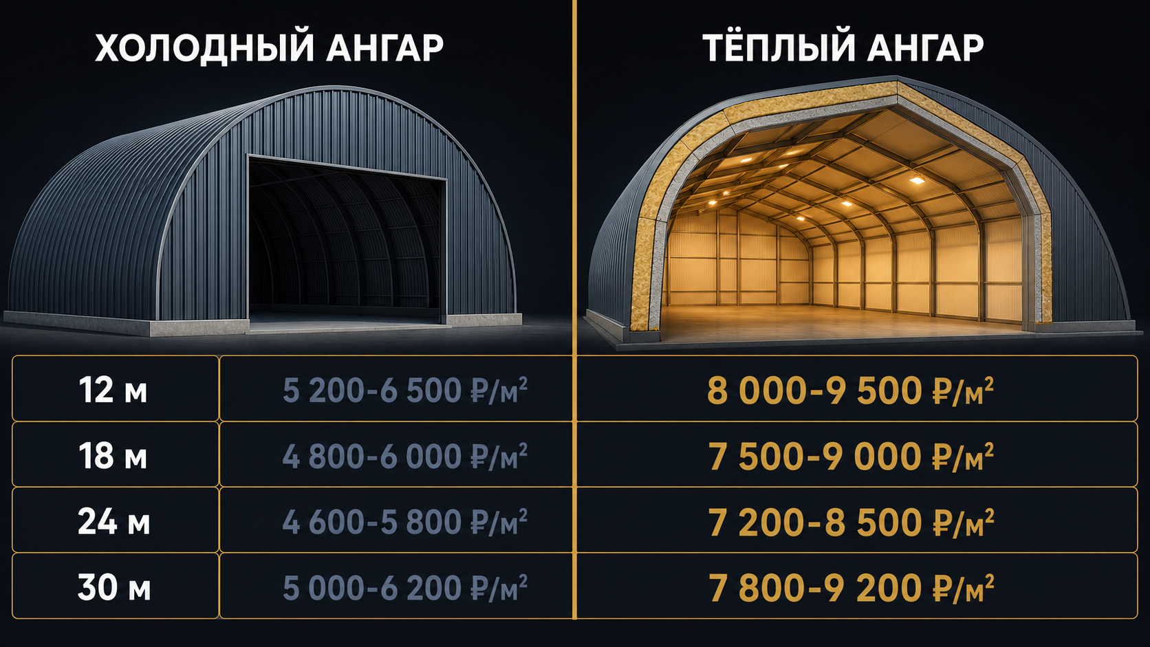 Сравнение цен холодного и тёплого ангара по пролётам 12-30 метров